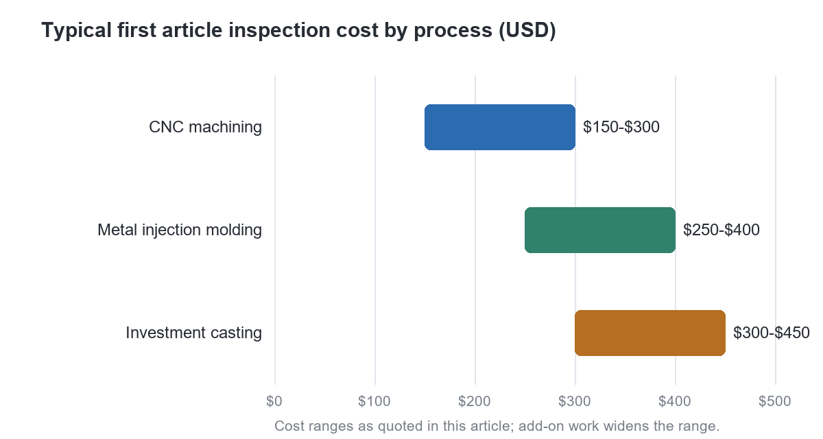 Bar chart of typical first article inspection cost by process: CNC machining 150 to 300 dollars, metal injection molding 250 to 400 dollars, investment casting 300 to 450 dollars
